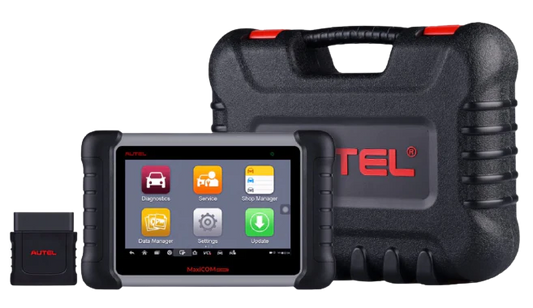 AUTEL diagnostic tool with screen displaying functions and carrying case on a white background