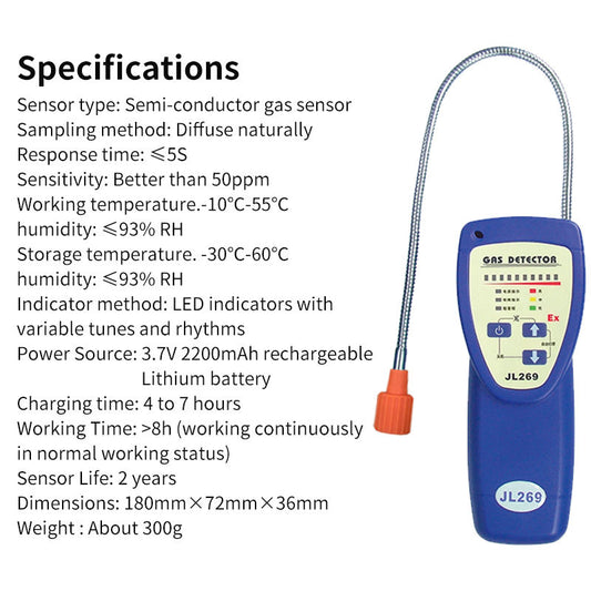 JL269 Gas detector with specifications listed on a white background