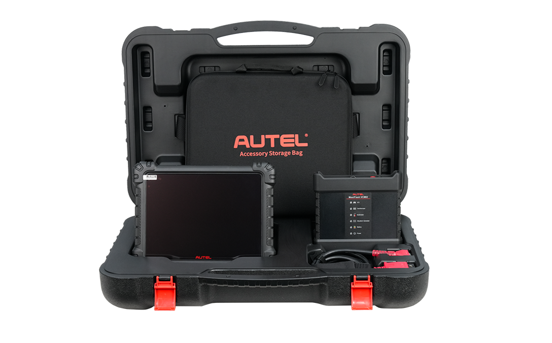 Autel battery storage case with diagnostic tools inside on a white background