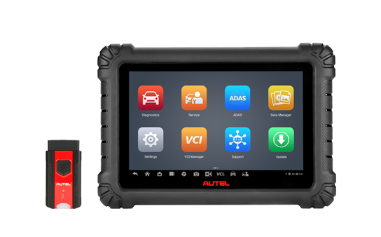 Autel MaxiSYS MS906MAX Black Diagnostic Tablet on transparent background with red V200 VCI