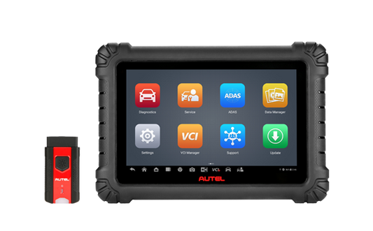 Autel MaxiSYS MS906MAX Black Diagnostic Tablet on transparent background with red V200 VCI
