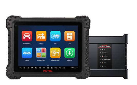 Automotive diagnostic tool with touchscreen interface on a white background