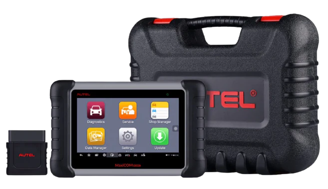 AUTEL diagnostic tool with screen displaying functions and carrying case on a white background