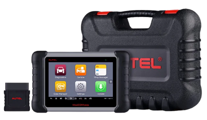 AUTEL diagnostic tool with screen displaying functions and carrying case on a white background