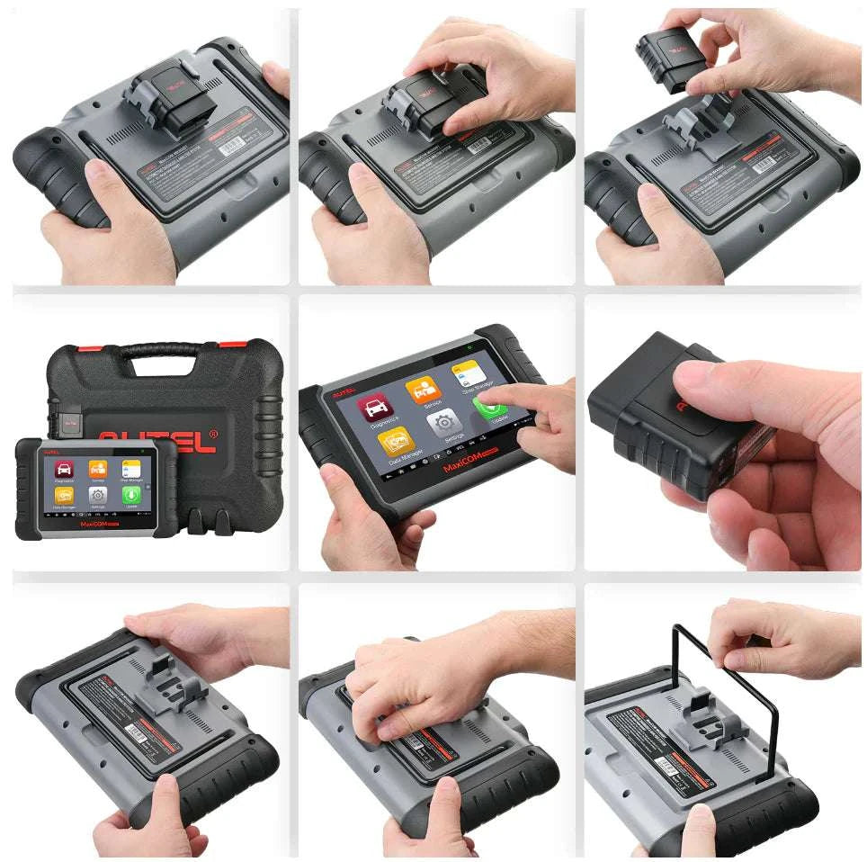 Collage of a diagnostic tool being held and used by hands.