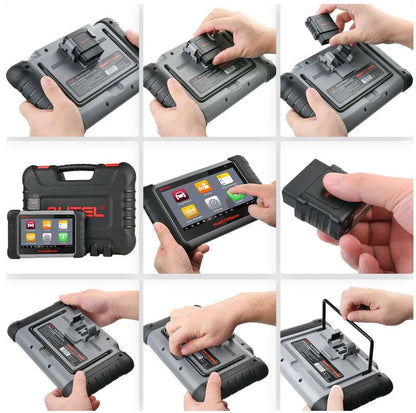 Collage of a diagnostic tool being held and used by hands.