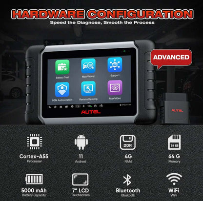 Autel diagnostic tool with hardware features highlighted on a dark background