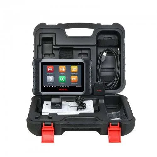 Automotive diagnostic tool with screen and cables in a black carrying case on a white background