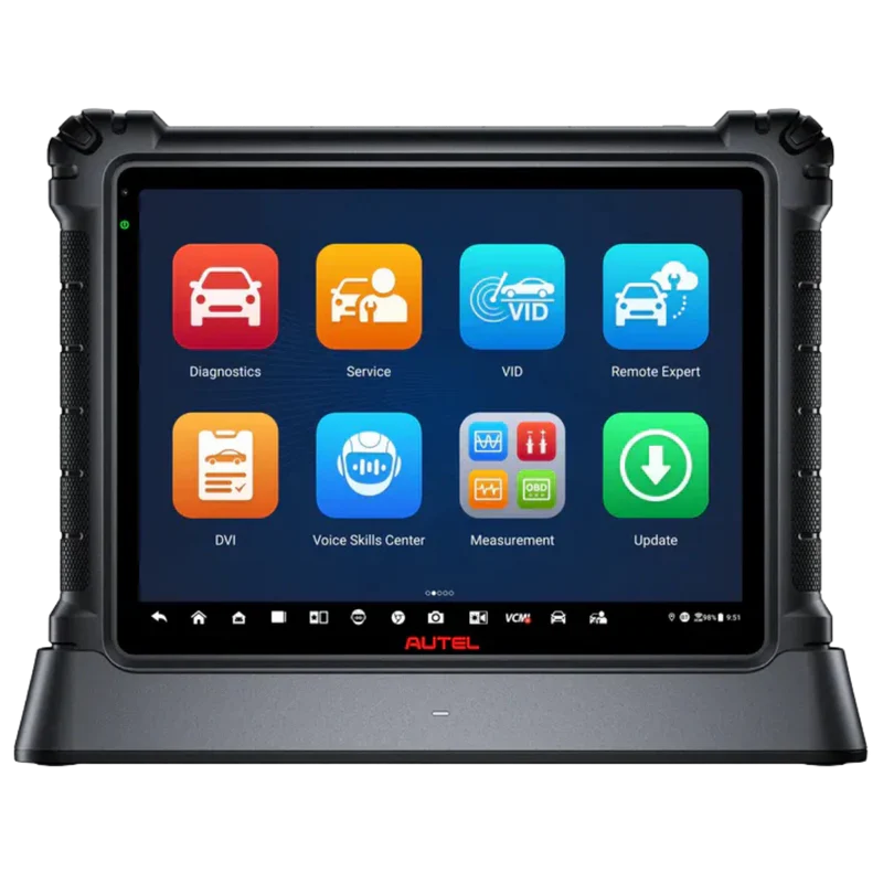 Rugged tablet with Autel diagnostic software on a white background