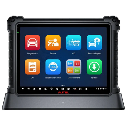 Rugged tablet with Autel diagnostic software on a white background