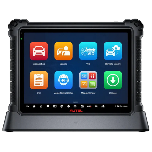 Rugged tablet with Autel diagnostic software on a white background