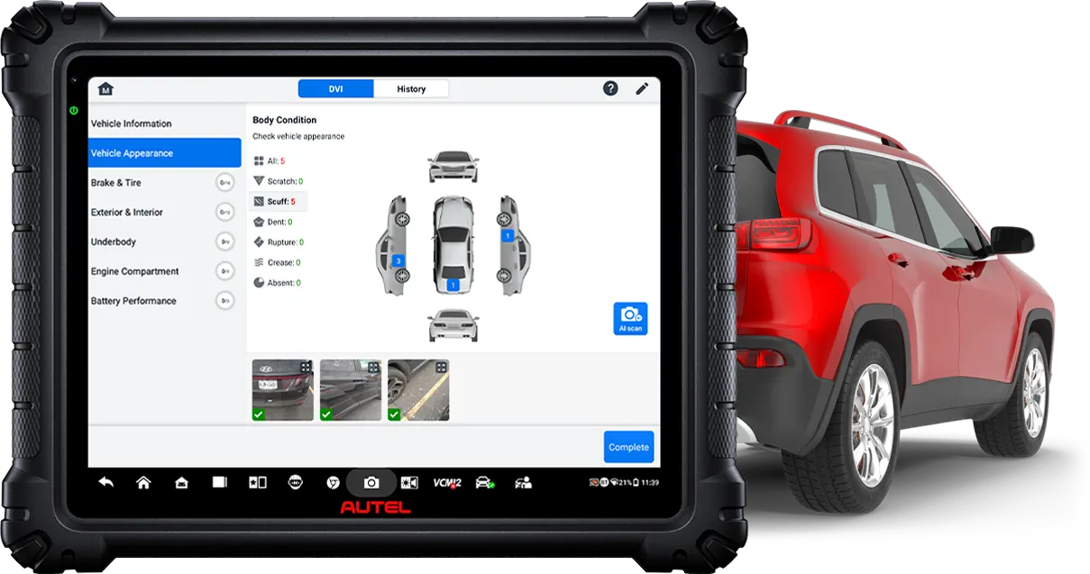 Diagnostic scan tool software displayed in front of a red SUV