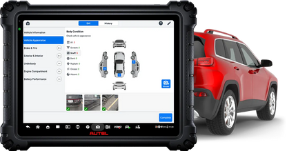 Diagnostic scan tool software displayed in front of a red SUV