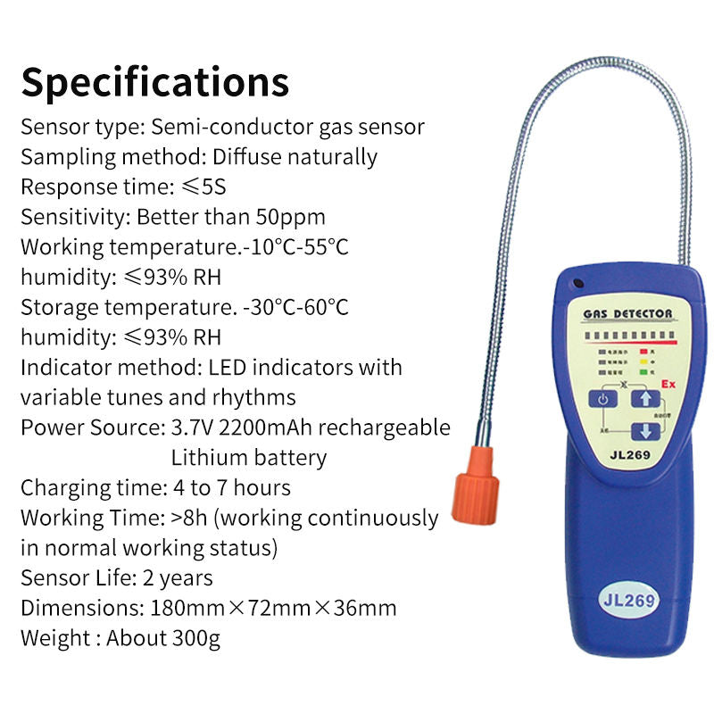 JL269 Gas detector with specifications listed on a white background