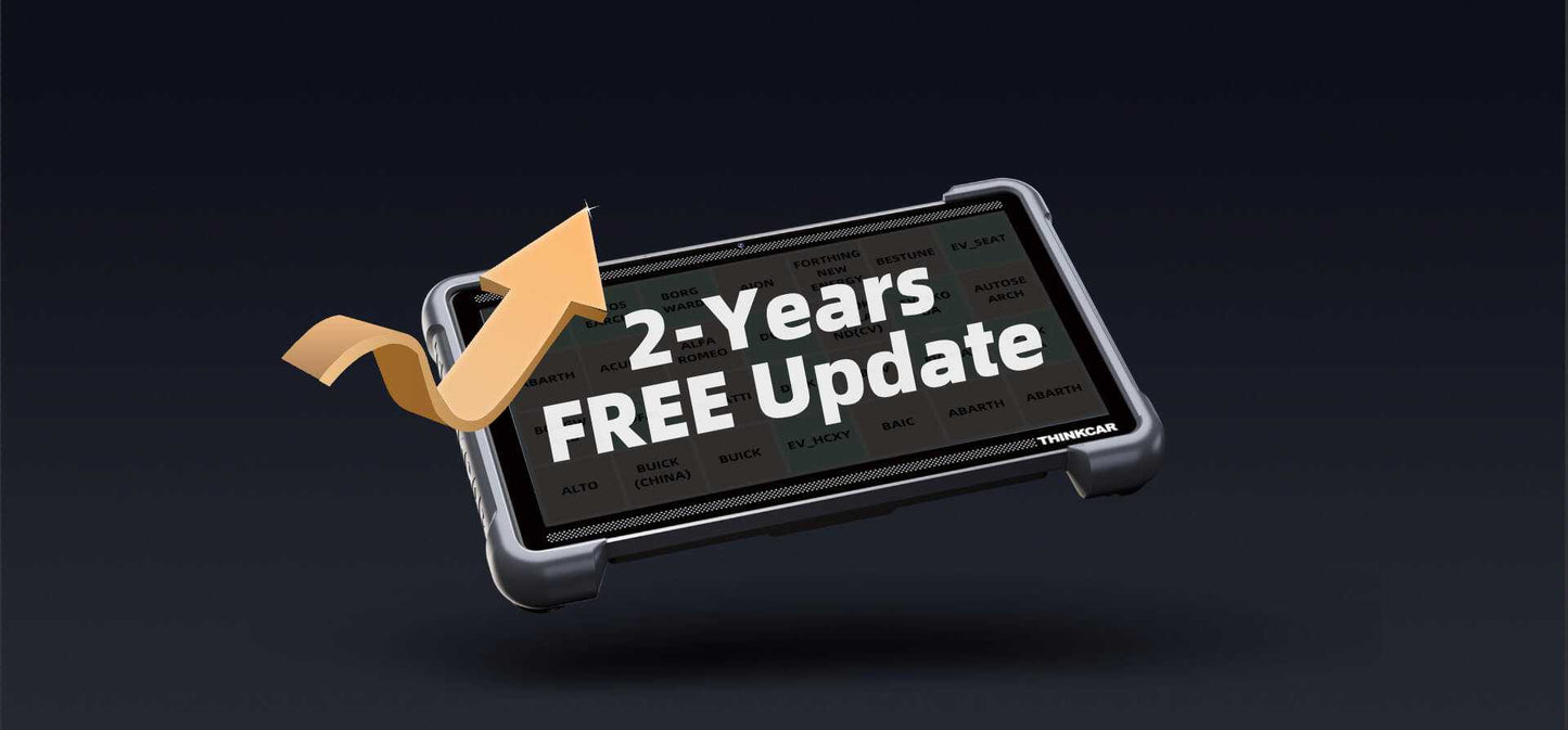 ThinkCar diagnostic tablet with 2-years free update written in white writing on screen