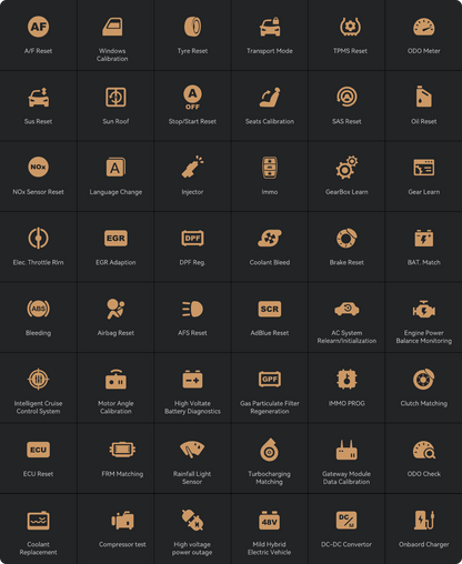 Grid of supported automotive diagnostic functions on a black background