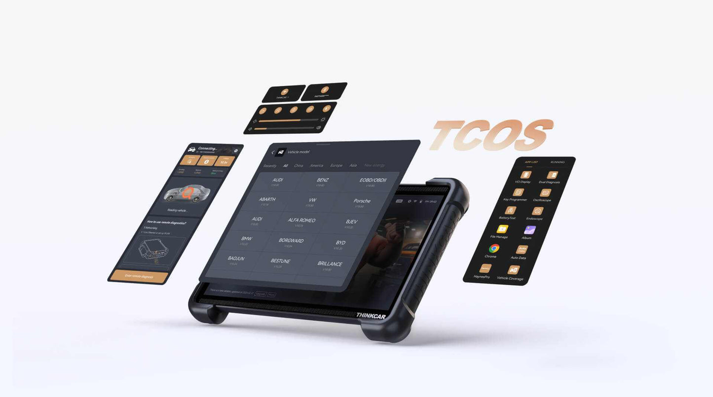 Diagnostic tablet with multiple display screens on a white background, featuring the TCOS branding.
