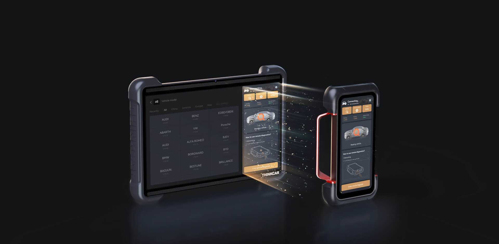 Two scan tool devices with screens on a black background