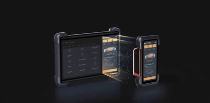 Two scan tool devices with screens on a black background