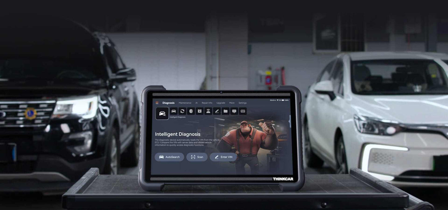 Tablet displaying diagnostic software on a car service bay with vehicles in the background