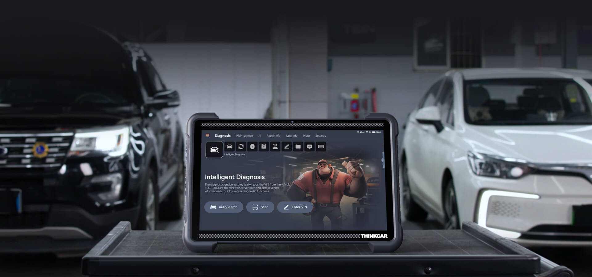 Tablet displaying diagnostic software on a car service bay with vehicles in the background