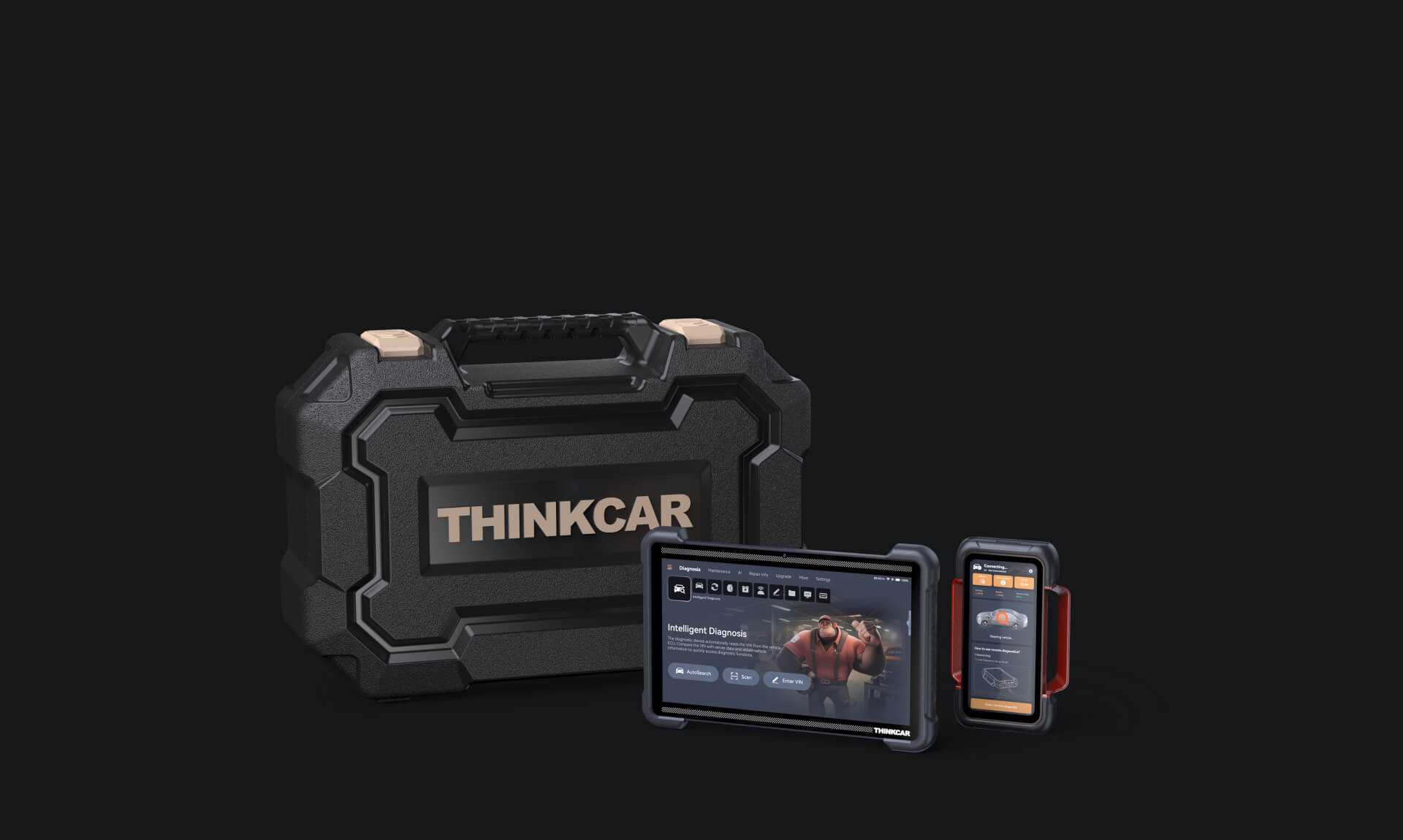 Thinkcar diagnostic tool set with case on a black background